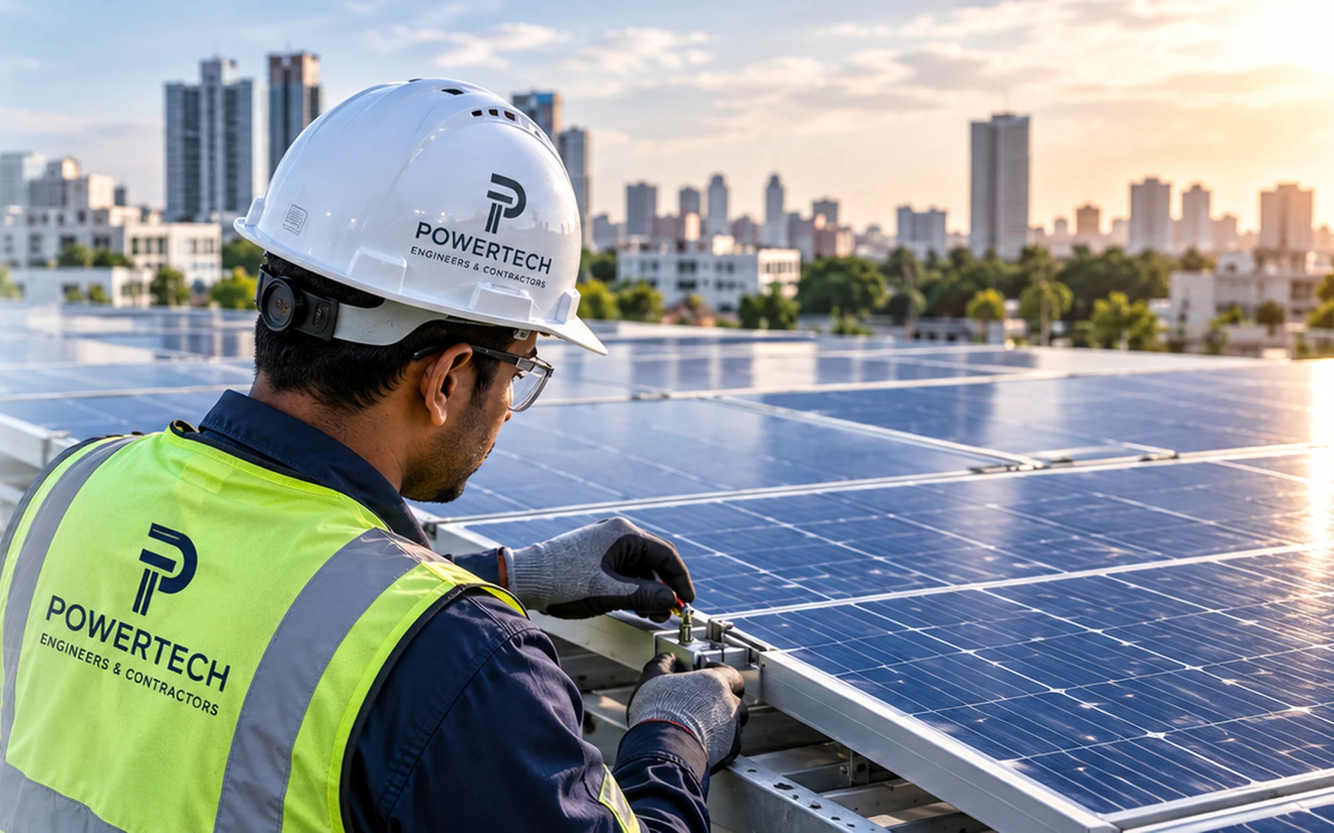 Wide industrial rooftop solar array at sunset